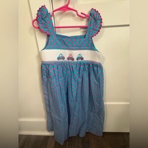 Girls Turquoise Dress with Pink Polka Dots and Car Smocking